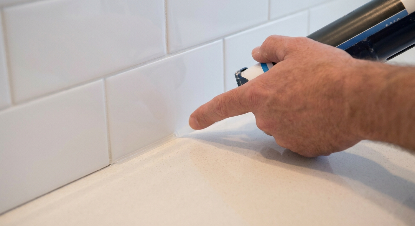 A real photo of a hand applying a thin bead of clear silicone caulk where a bathroom countertop meets the backsplash