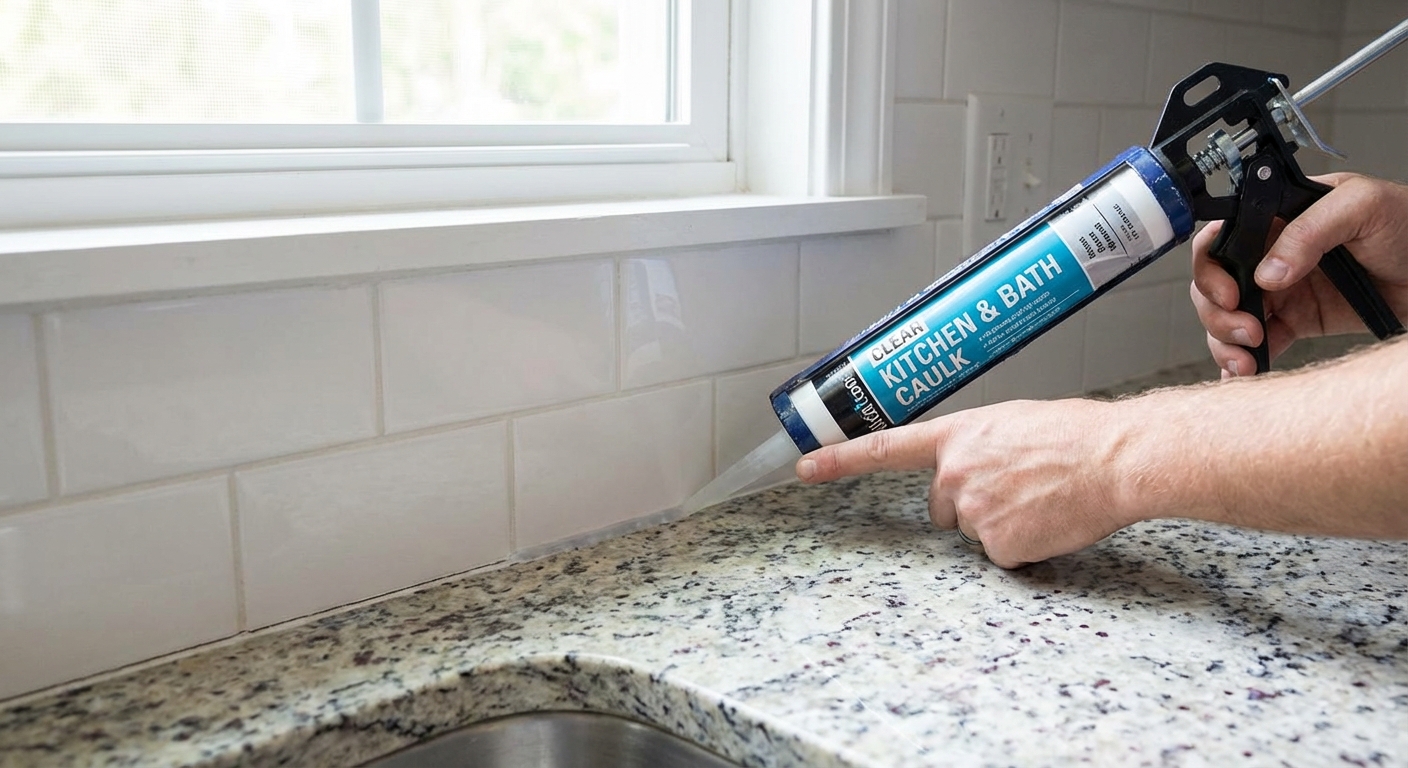 A real photo of a hand applying clear caulk along the joint between a kitchen backsplash and countertop