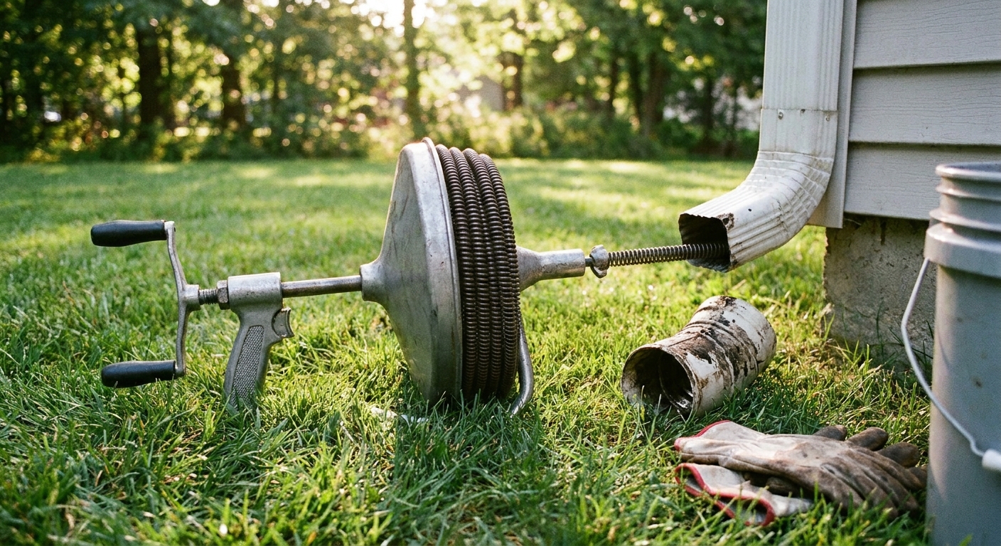 A real photo of a hand-crank drain auger on grass next to a downspout and removed elbow, ready for use