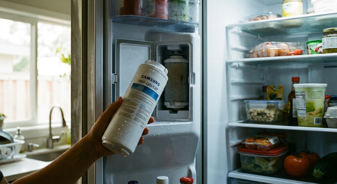 A real photo of a hand holding a cylindrical refrigerator water filter next to an open filter compartment inside a fridge