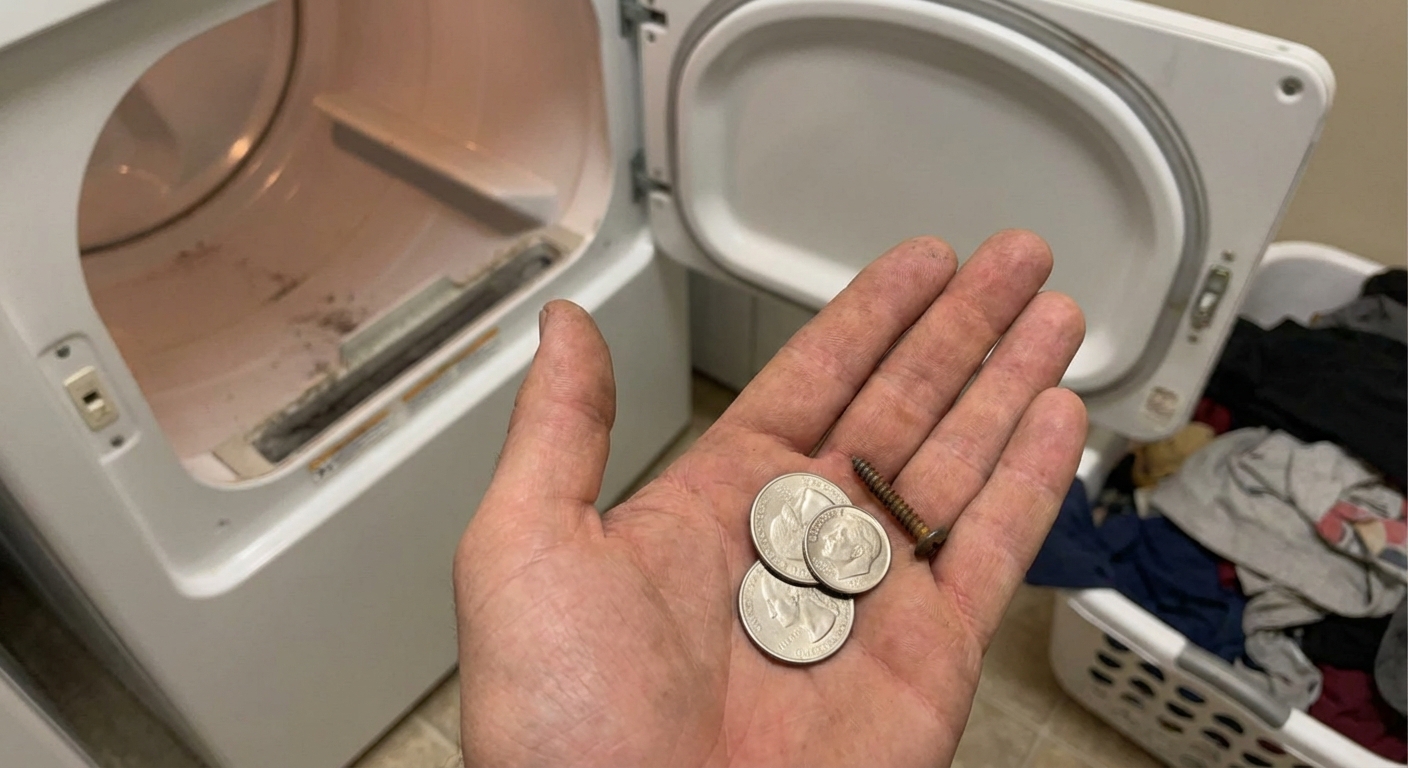 A real photo of a hand holding a few coins and a small screw removed from a dryer lint filter area, with the open dryer door visible in the background, indoor laundry room lighting