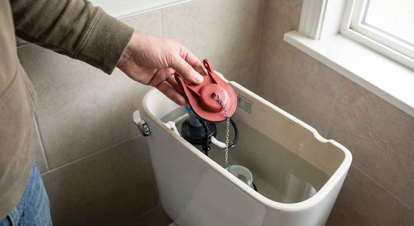 A real photo of a hand holding a new rubber toilet flapper above an open toilet tank