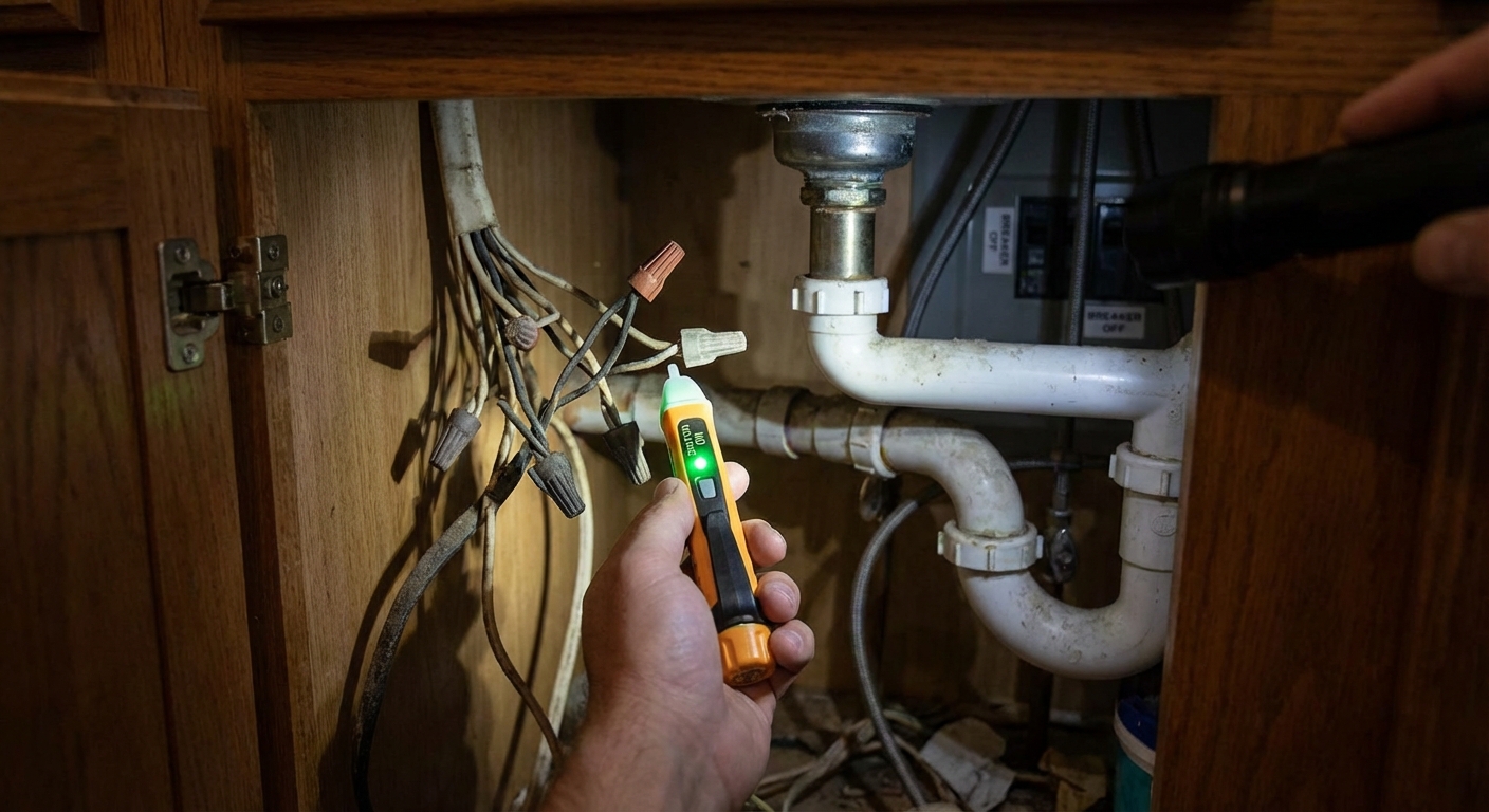 A real photo of a hand holding a non-contact voltage tester near electrical wires inside a kitchen sink cabinet, with the breaker off, close-up shot