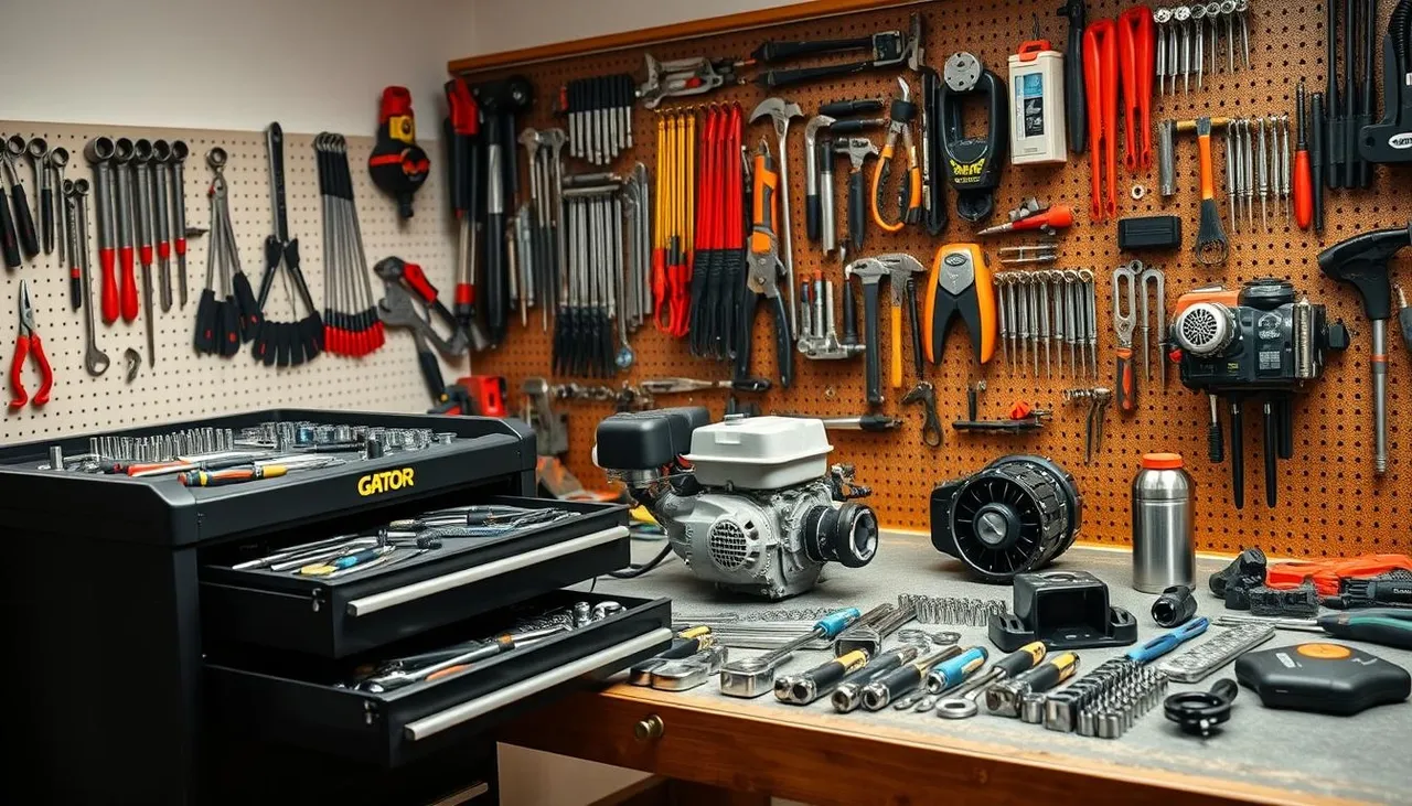A real photo of a hand holding a small engine spark plug over a wooden workbench with basic hand tools nearby