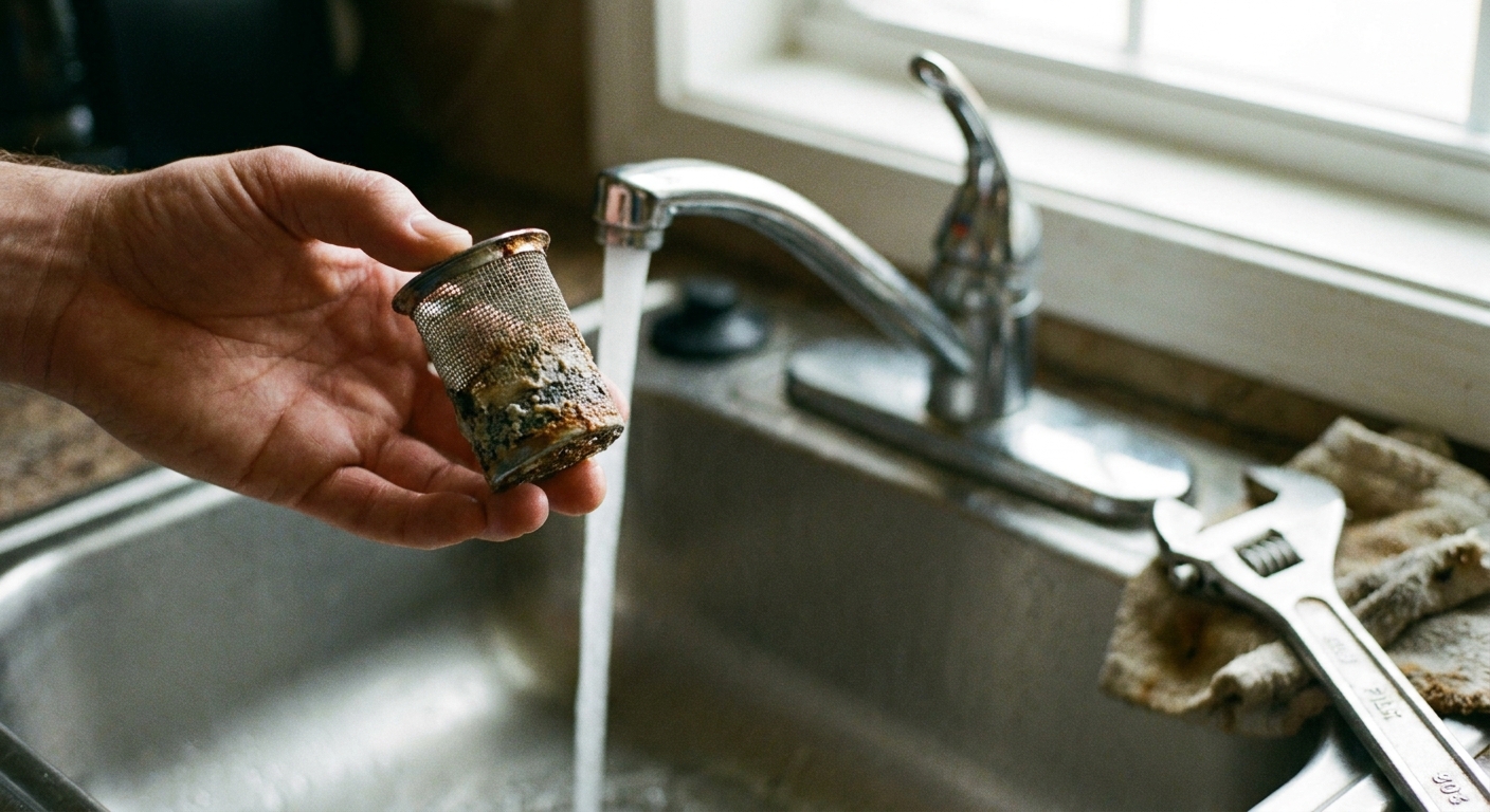 A real photo of a hand holding a small metal mesh inlet filter screen removed from a tankless water heater, with a utility sink faucet running in the background
