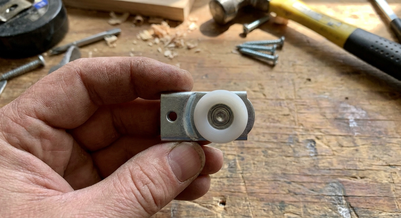 A real photo of a hand holding a small sliding screen door roller assembly with a nylon wheel and metal housing on a workbench