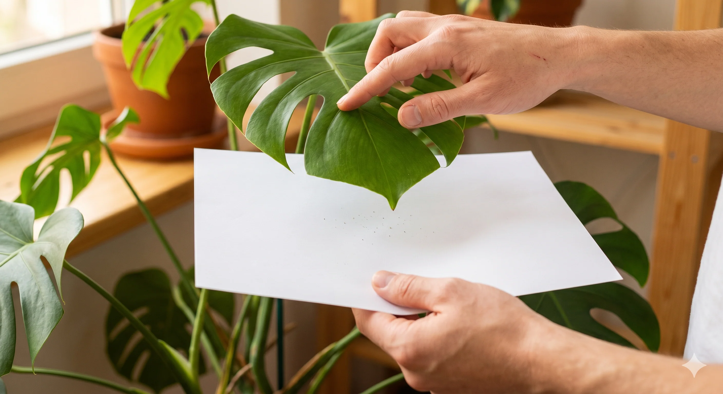 A real photo of a hand holding white paper under a houseplant leaf while tapping the leaf, showing tiny specks on the paper