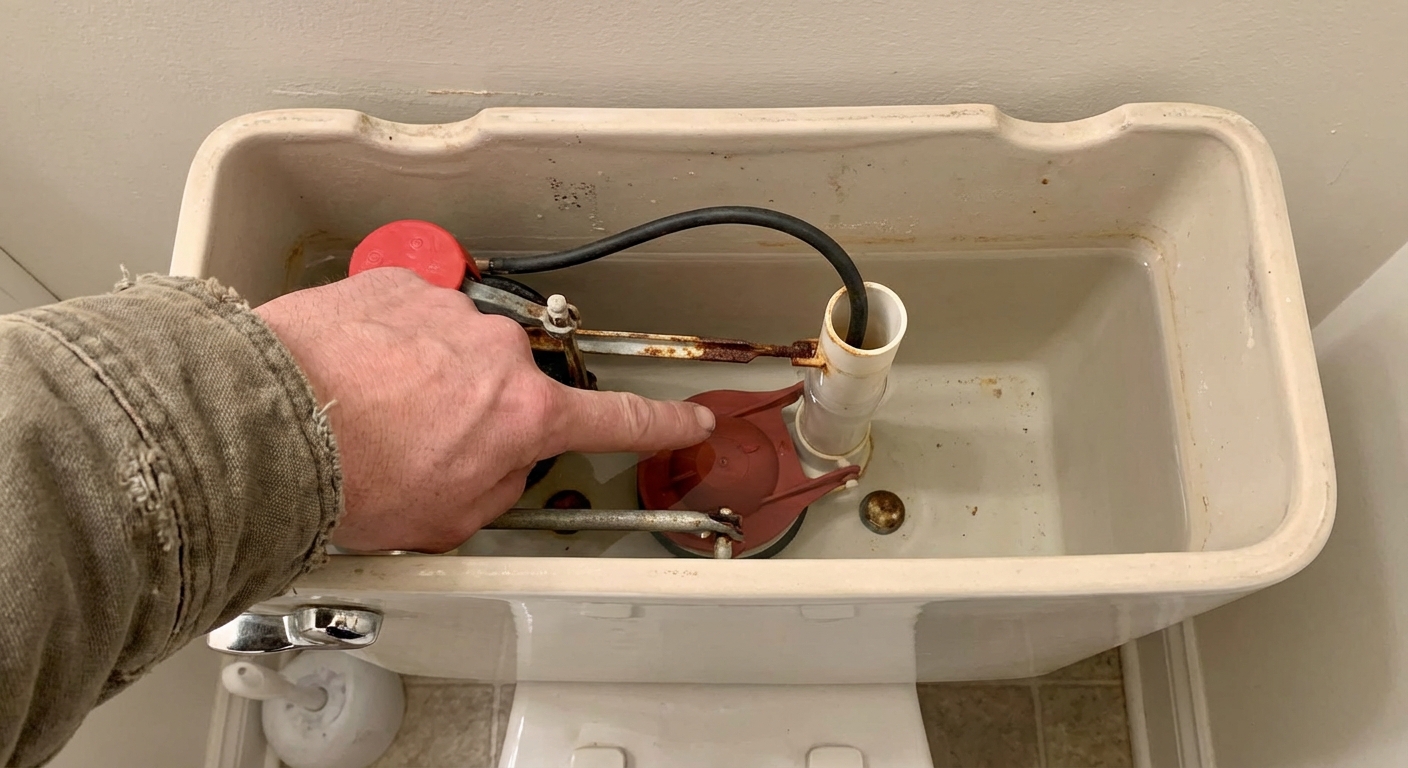 A real photo of a hand pointing inside a toilet tank at the flapper and overflow tube