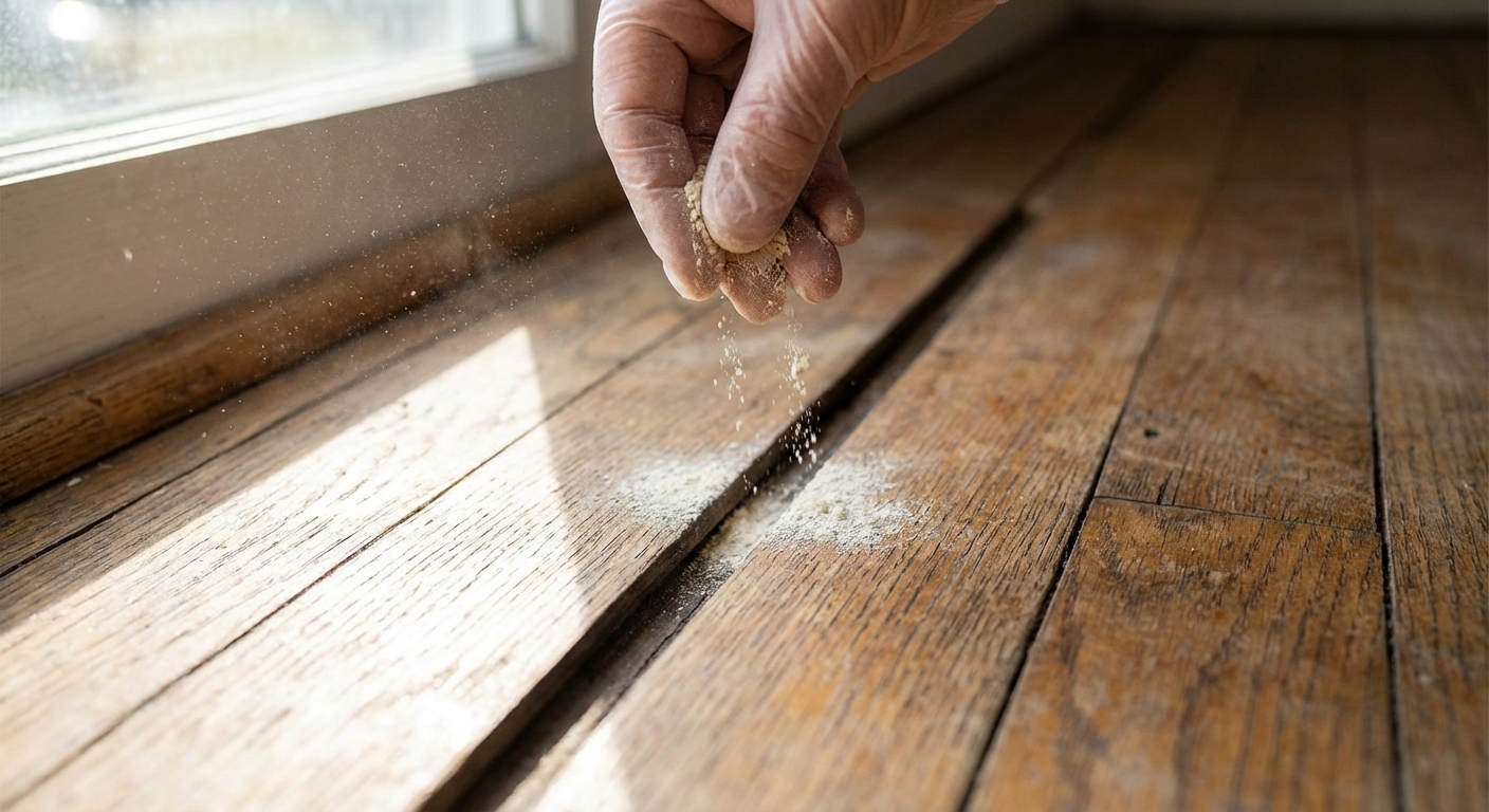 A real photo of a hand sprinkling powder along a narrow gap between hardwood floor boards