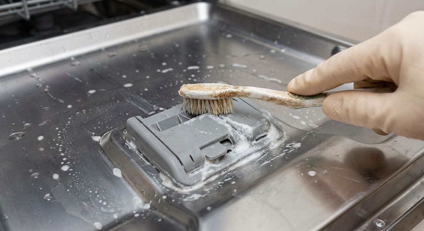 A real photo of a hand using an old toothbrush to scrub detergent residue around a dishwasher detergent dispenser latch on the inside of the dishwasher door