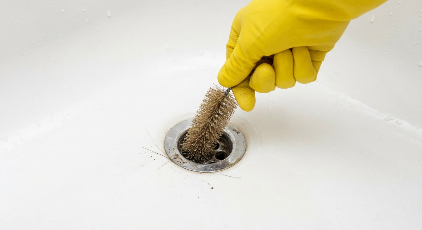 A real photo of a hand wearing a rubber glove using a flexible drain brush inserted into a bathtub drain, with the chrome drain opening and white tub surface visible under bright bathroom lighting