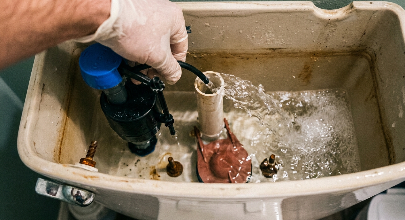 A real photo of a hand working inside a toilet tank near the fill valve, with the cap removed and water being flushed into the tank