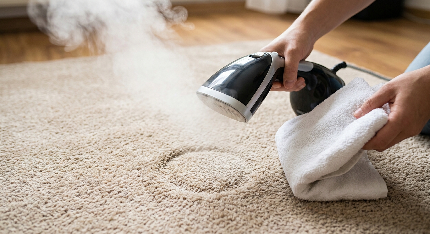 A real photo of a handheld garment steamer hovering above a carpet dent while a person holds a white towel nearby