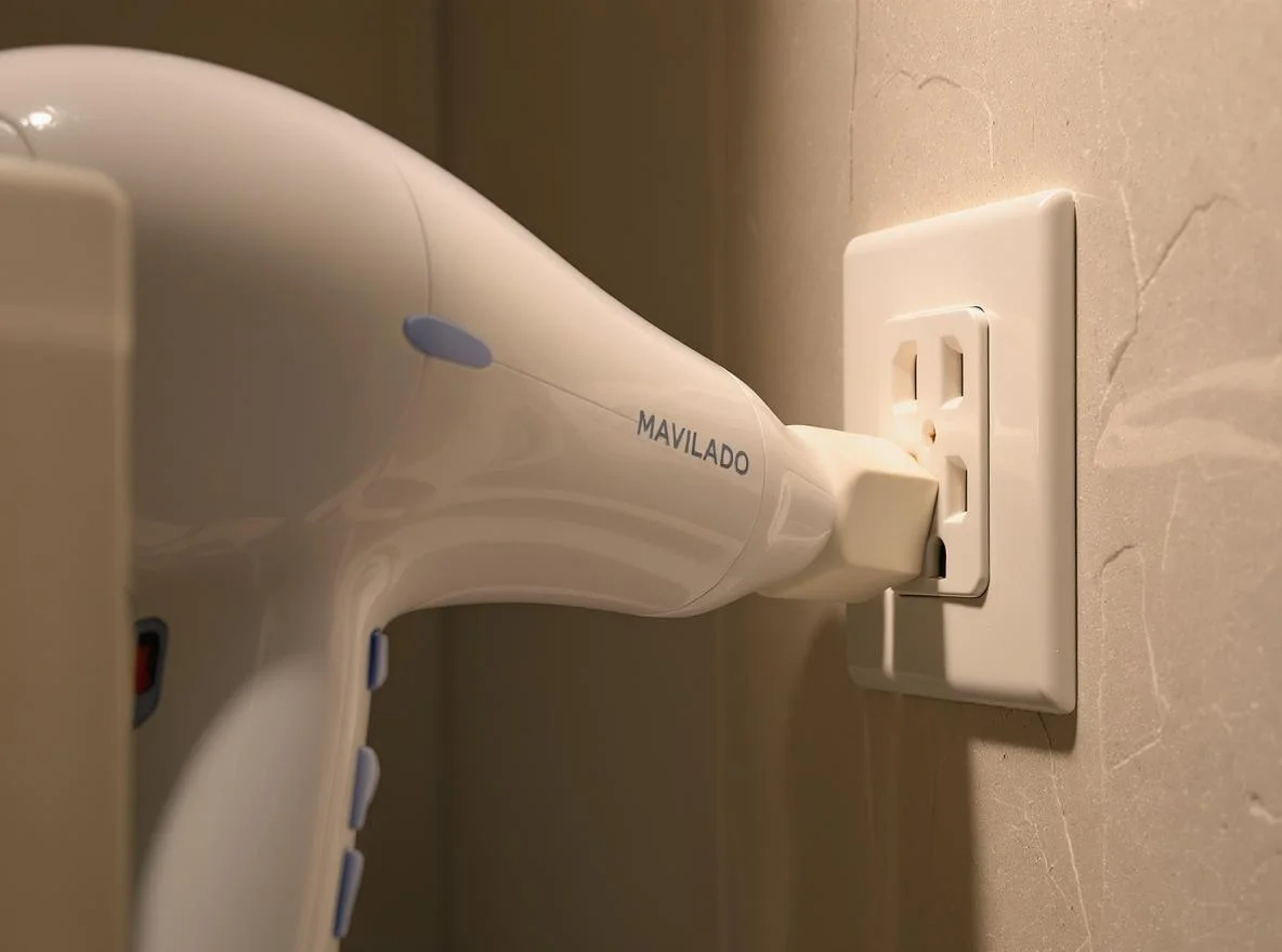A real photo of a handheld hair dryer plugged into a bathroom GFCI outlet near a vanity, with the cord visible and the outlet in focus