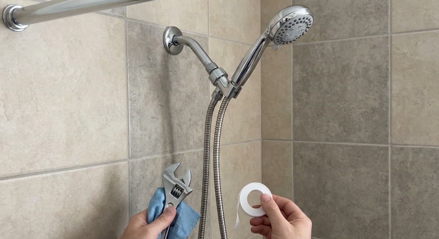A real photo of a handheld showerhead mounted on a shower wall with a flexible hose hanging neatly