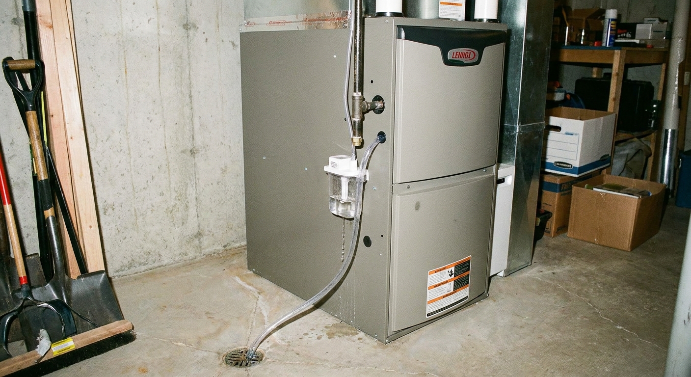 A real photo of a high efficiency furnace showing the condensate trap and clear drain tubing next to the cabinet inside a basement