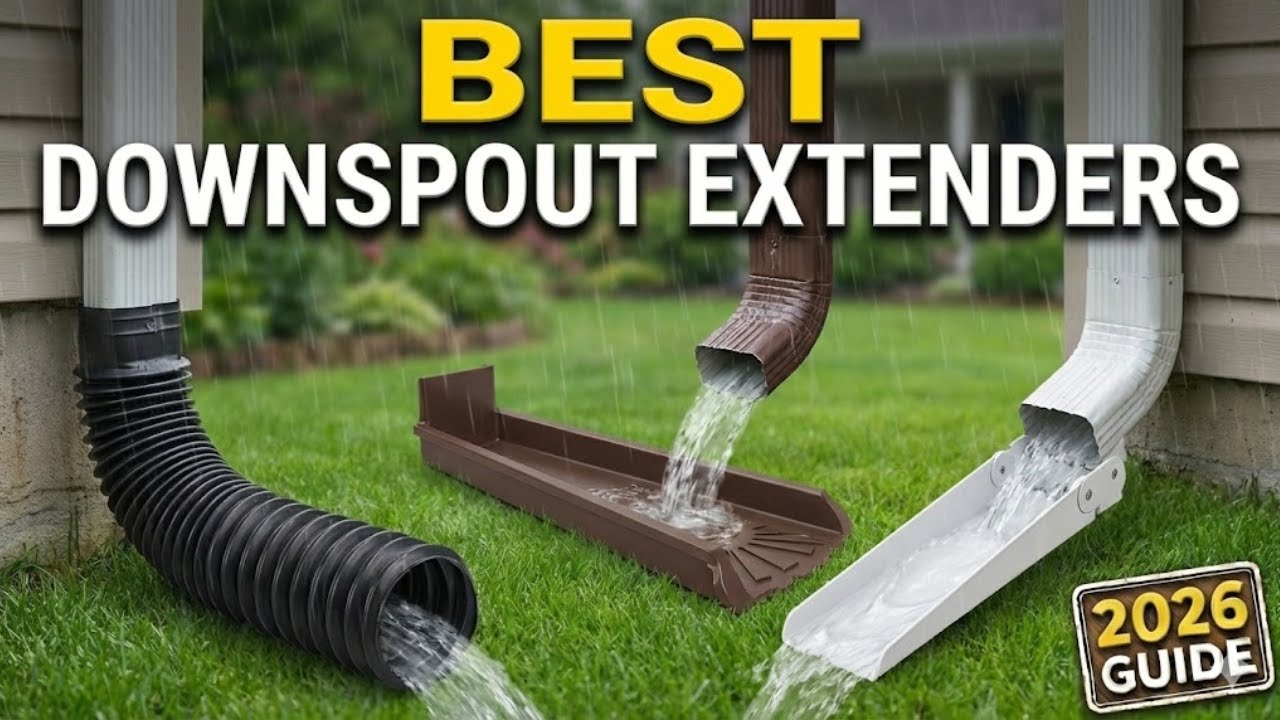 A real photo of a home downspout with an extension directing water several feet away from the foundation, realistic outdoor home photography style