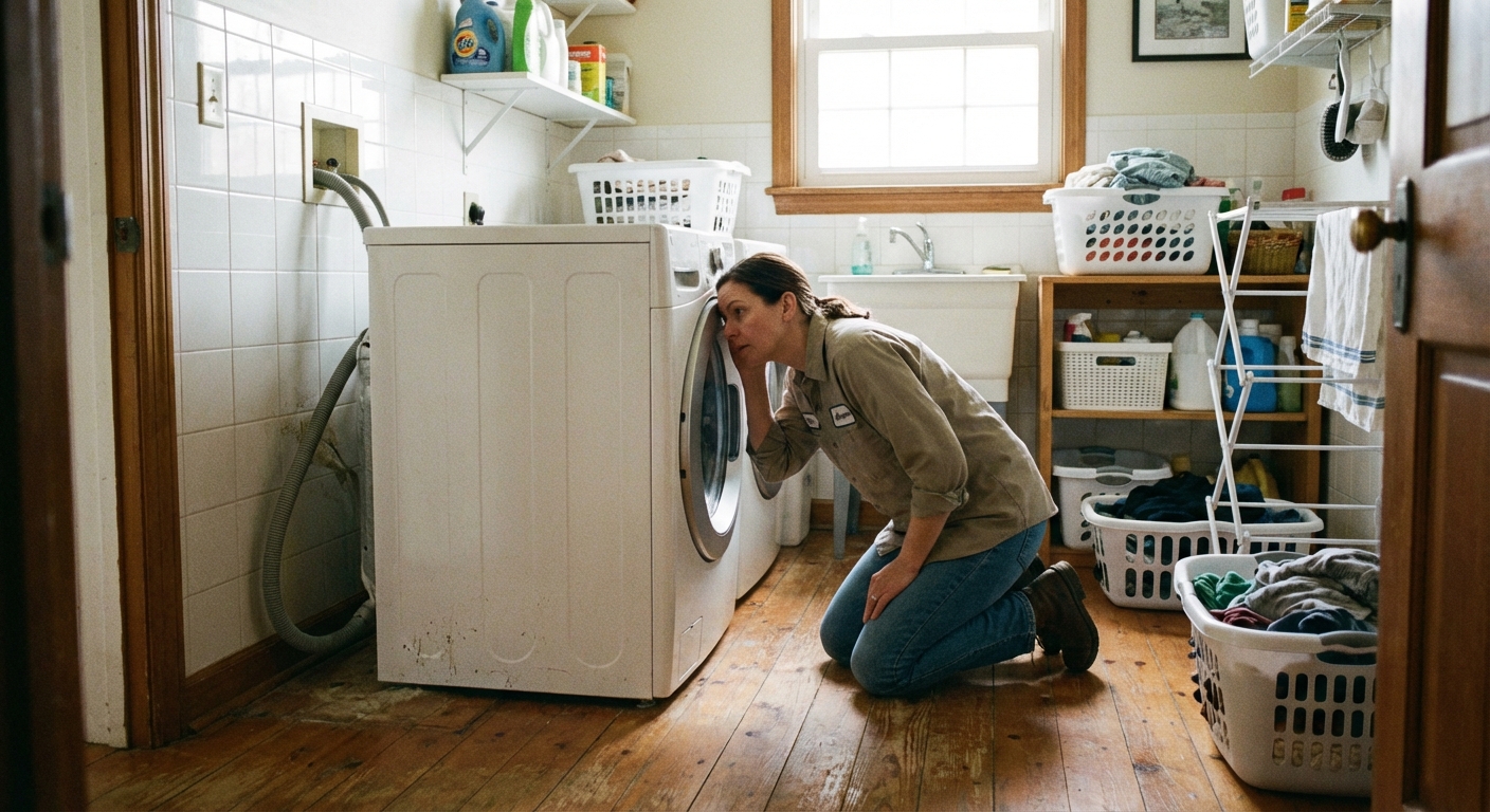 A real photo of a home laundry room with a front-load dryer pulled slightly away from the wall, a homeowner kneeling nearby listening closely to the dryer door area, natural indoor lighting