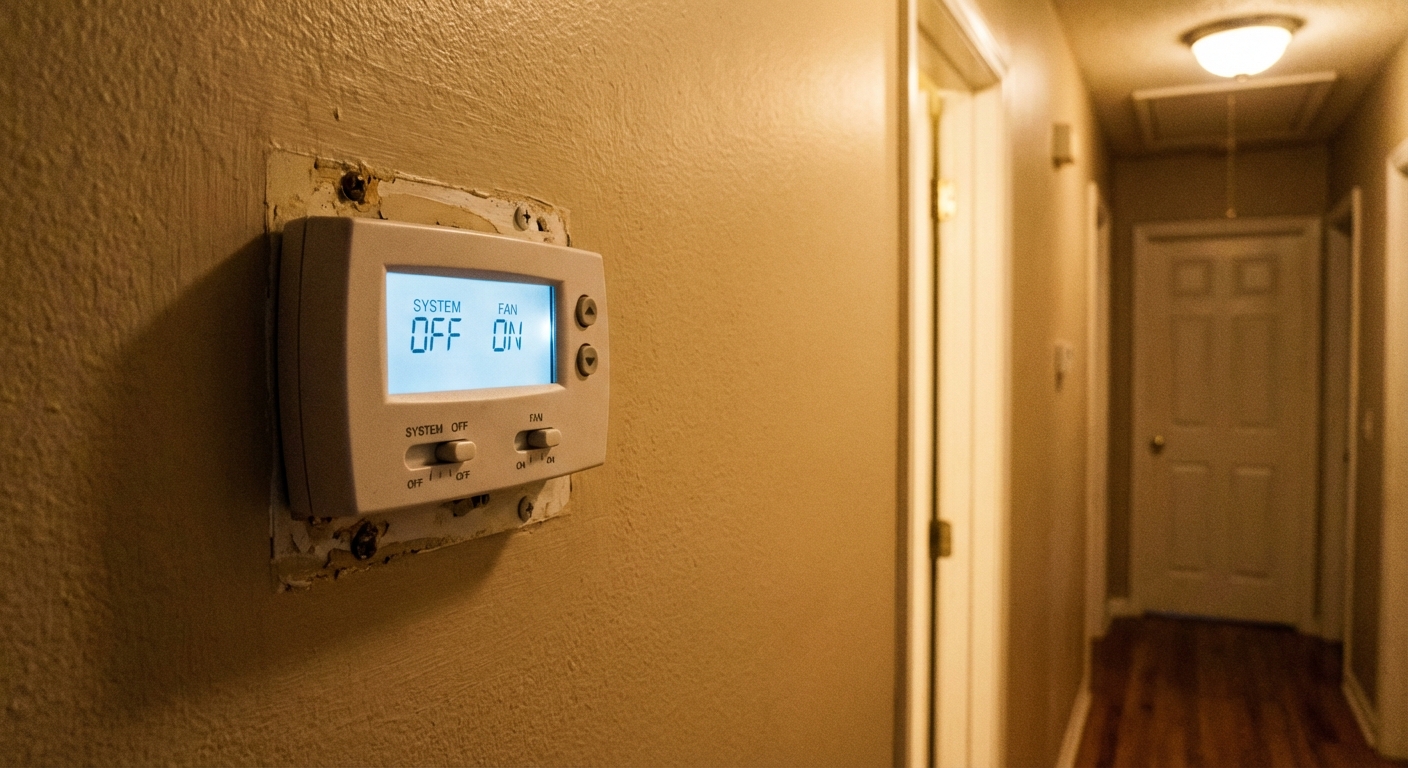 A real photo of a home thermostat on a wall with the system set to OFF and the fan switched to ON, indoor hallway lighting