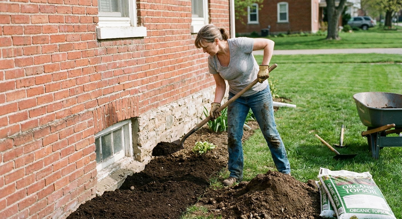 A real photo of a homeowner adding topsoil along the base of a brick house foundation with a shovel, with the yard sloping gently away from the wall