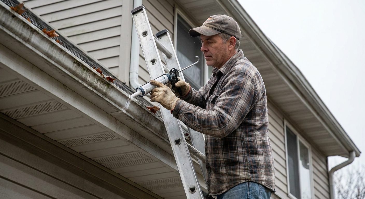 A real photo of a homeowner applying gutter sealant with a caulk gun along an aluminum gutter seam on a ladder next to a house, overcast daylight
