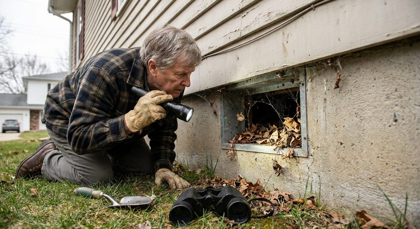 A real photo of a homeowner crouched near a foundation vent outside a house, using a flashlight to inspect the vent opening for signs of animals