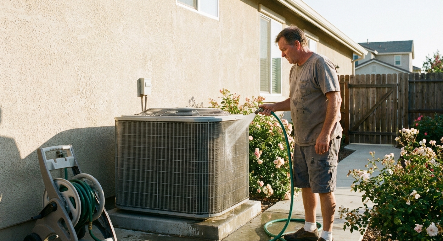 A real photo of a homeowner gently spraying water with a garden hose onto an outdoor AC condenser unit next to a house, summer daylight
