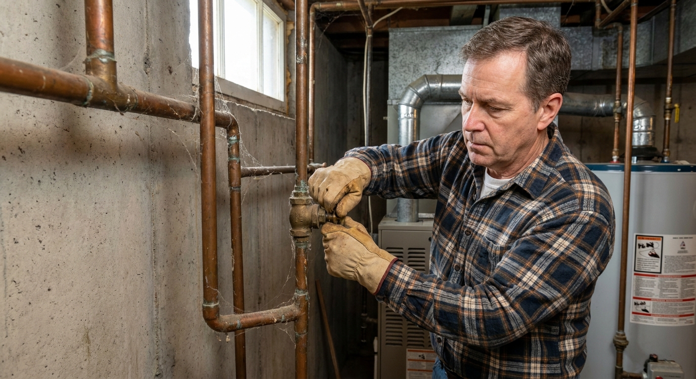 A real photo of a homeowner hand turning a brass main water shutoff valve on a copper pipe in a basement utility area