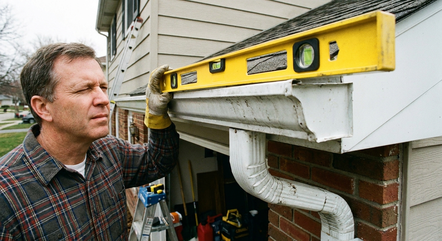 A real photo of a homeowner holding a bubble level along the top edge of an aluminum gutter near a downspout to check for proper slope