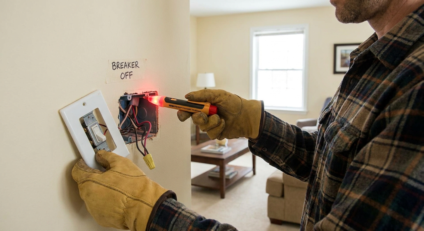 A real photo of a homeowner holding a non-contact voltage tester near an uncovered wall light switch in a residential room with the breaker off
