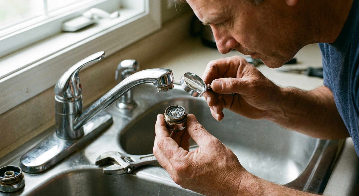 A real photo of a homeowner holding a removed chrome faucet aerator over a sink, examining tiny white plastic flecks caught in the screen