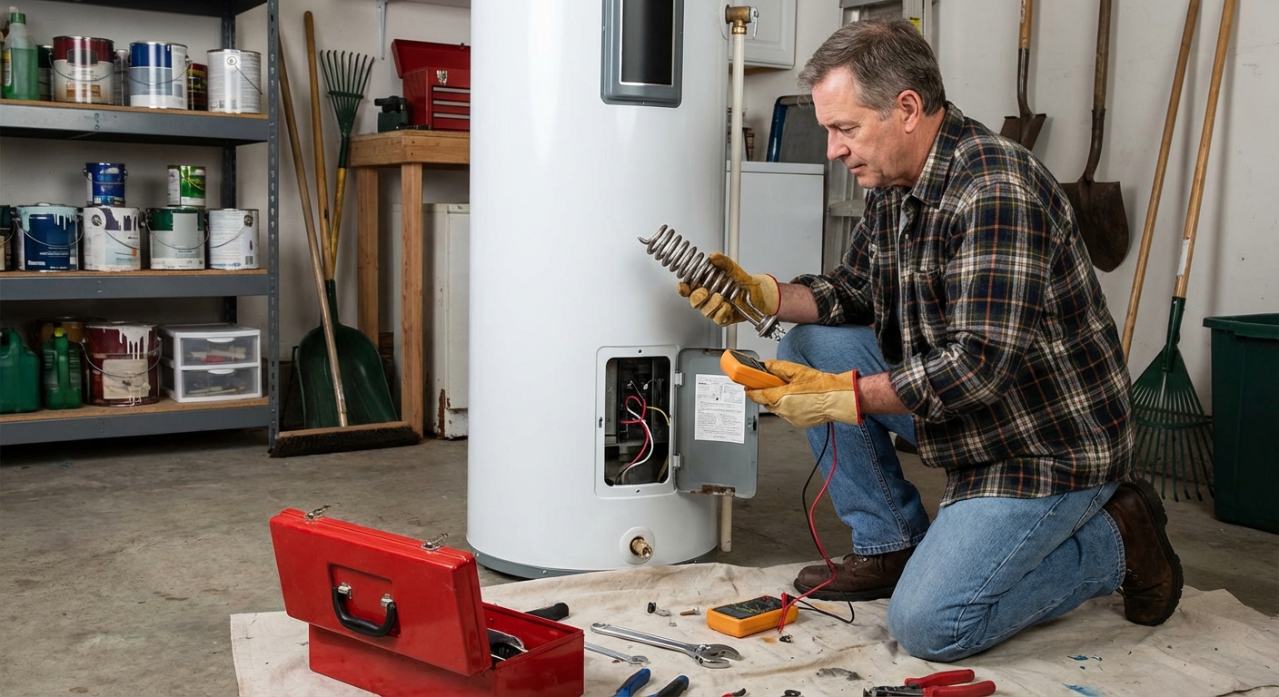 A real photo of a homeowner holding a screw-in water heater heating element near an electric water heater with an open access panel, tool-in-hand maintenance moment in a garage utility area