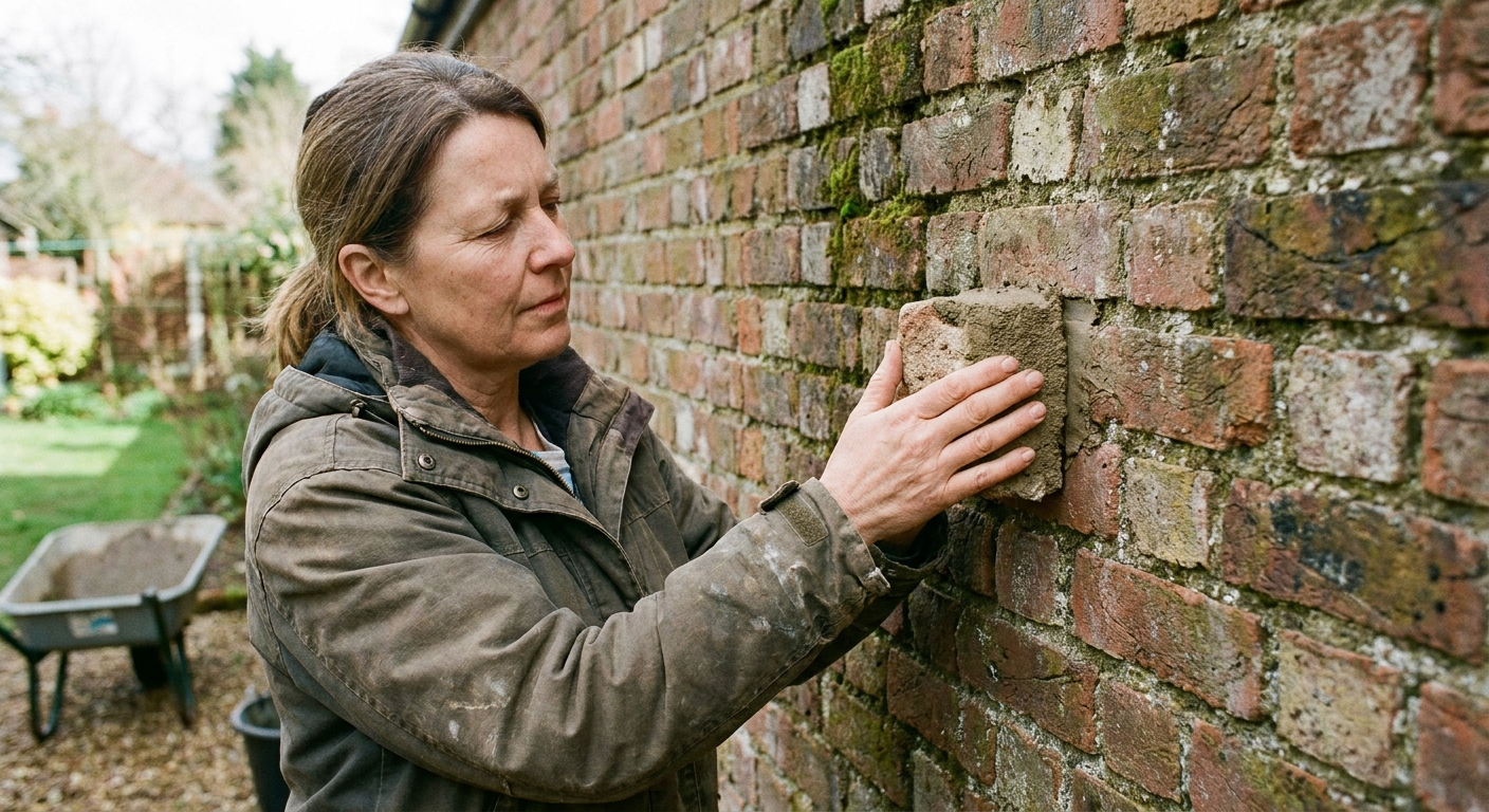 A real photo of a homeowner holding a small cured mortar sample next to an exterior brick wall to check color match in natural daylight