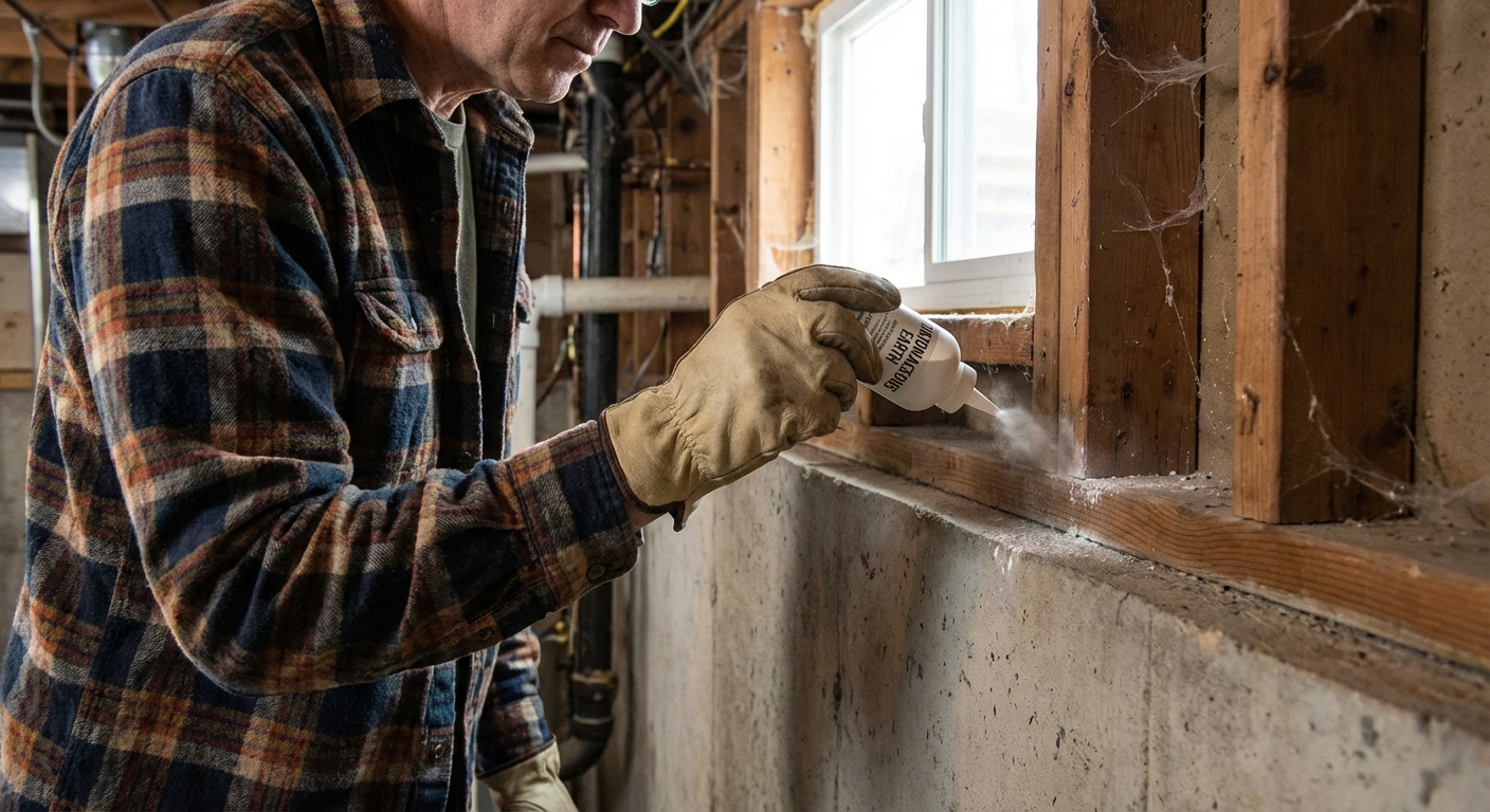 A real photo of a homeowner holding a small hand duster bottle of diatomaceous earth next to a basement rim joist, preparing to apply a light dusting