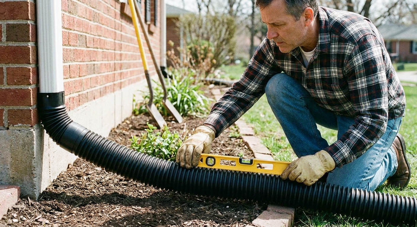 A real photo of a homeowner holding a small torpedo level on a black corrugated downspout extension to confirm it slopes away from the house