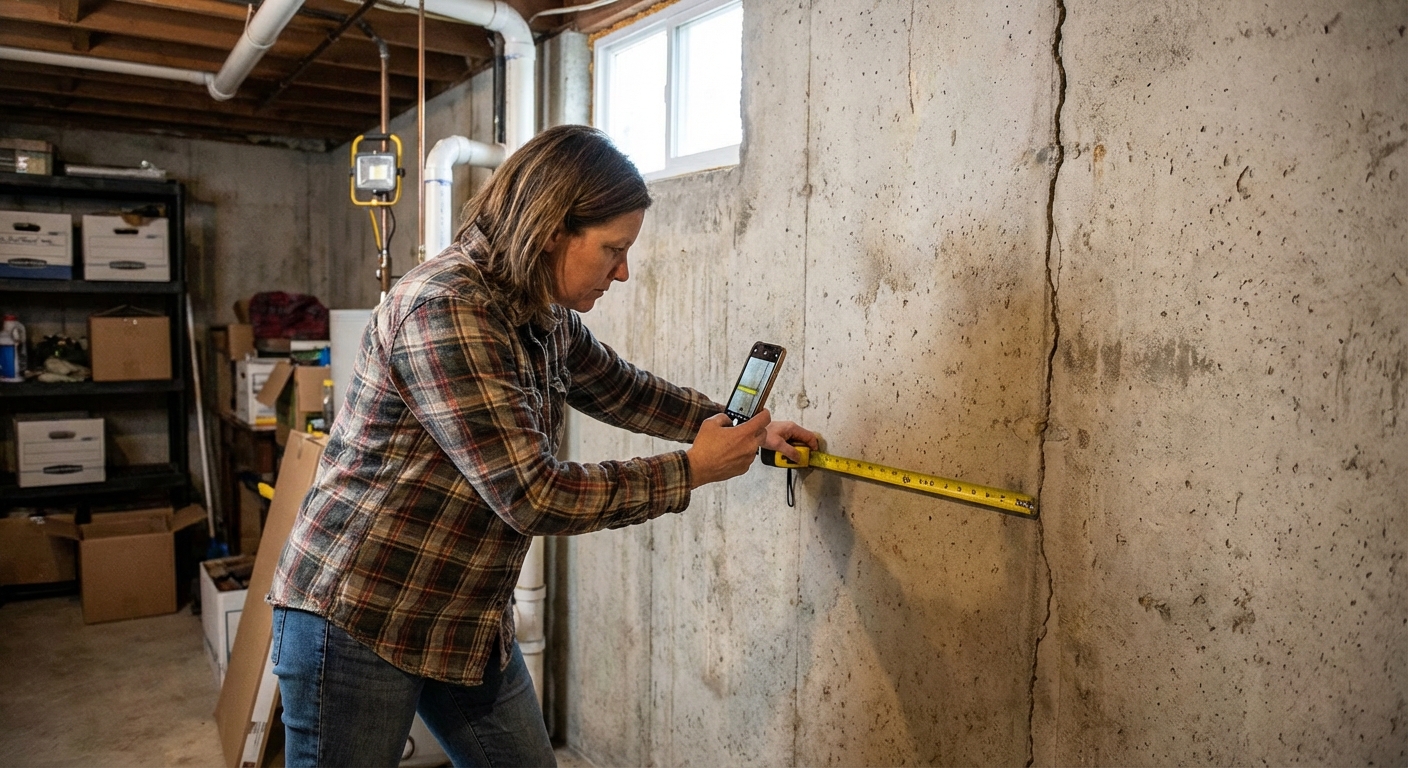 A real photo of a homeowner holding a tape measure against a foundation crack on a basement wall while taking a phone photo, with the crack and measurement clearly visible in a natural basement setting