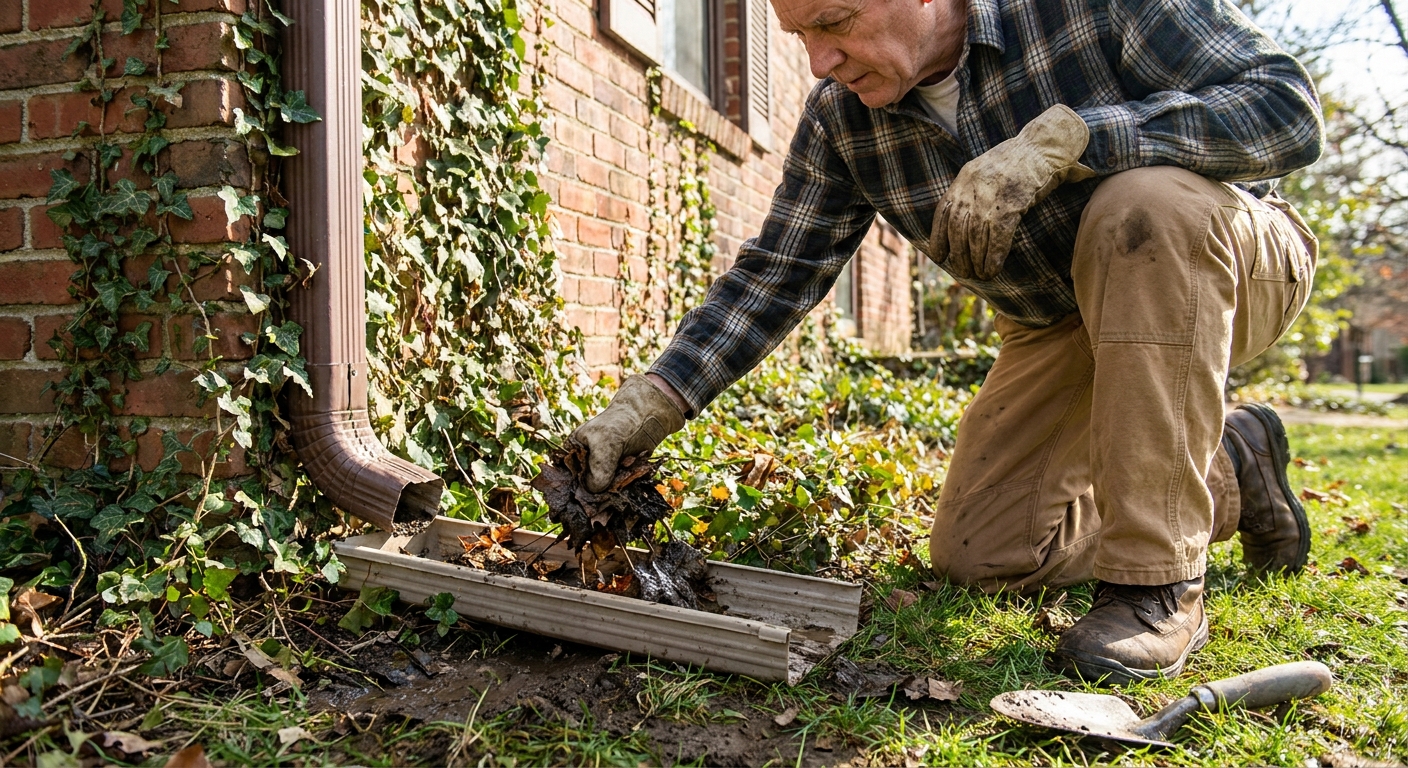 A real photo of a homeowner in gloves kneeling next to a downspout outlet at the base of a house, inspecting for debris in daylight