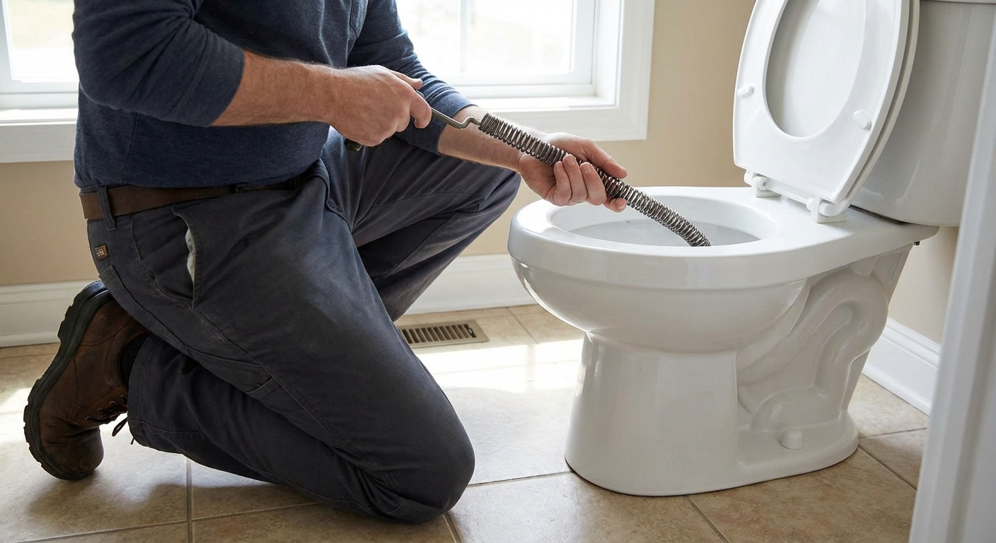 A real photo of a homeowner kneeling next to a toilet using a hand crank toilet auger inserted into the bowl, bathroom floor visible, natural indoor lighting