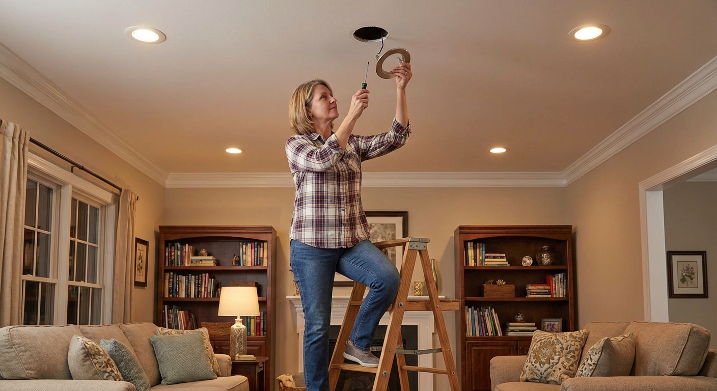 A real photo of a homeowner on a step ladder in a finished room, holding a recessed light trim near a ceiling cutout with a few installed recessed lights glowing evenly, warm indoor lighting