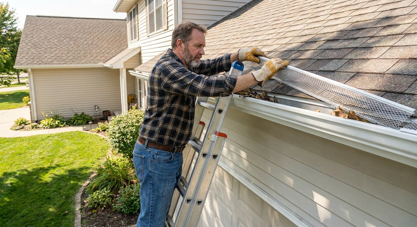 A real photo of a homeowner on an extension ladder lifting a section of gutter guard off an aluminum gutter
