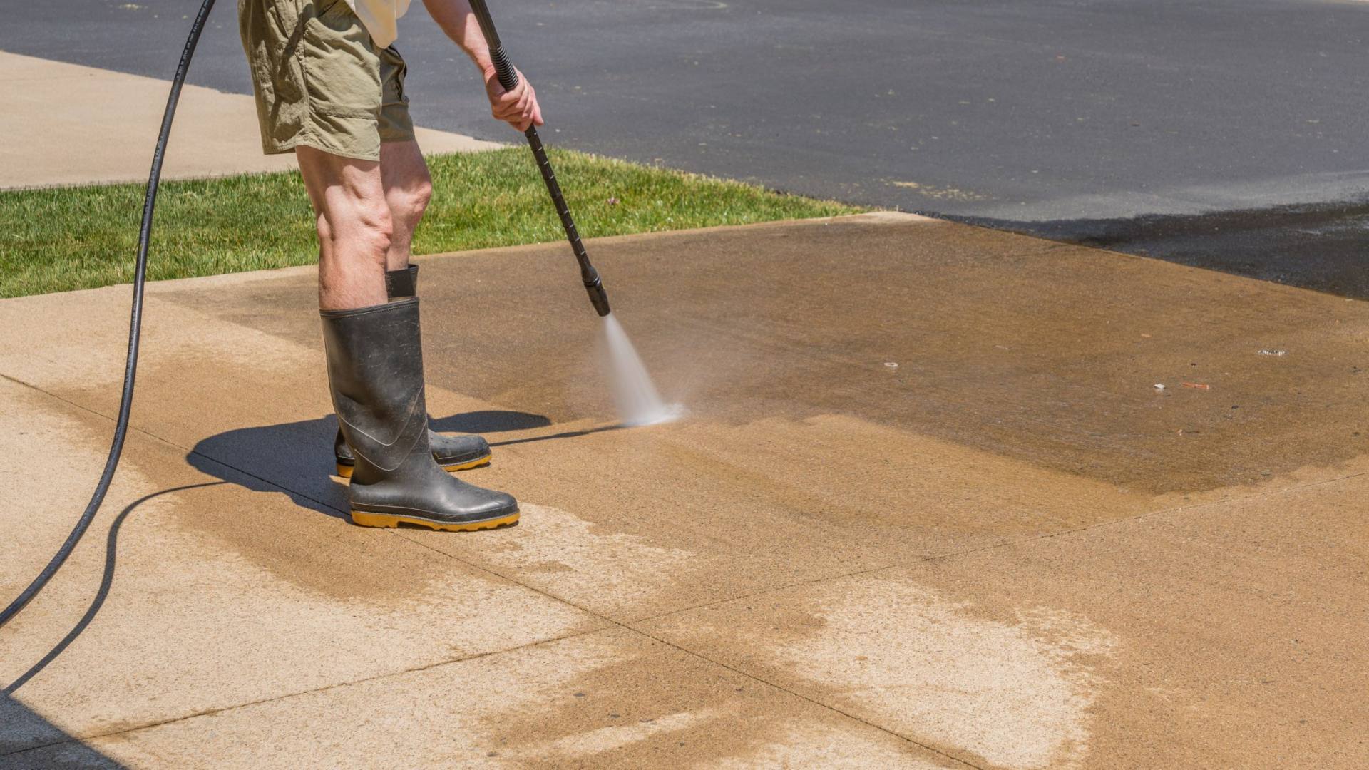 A real photo of a homeowner pressure washing a concrete driveway using a wide fan spray pattern, keeping the wand moving