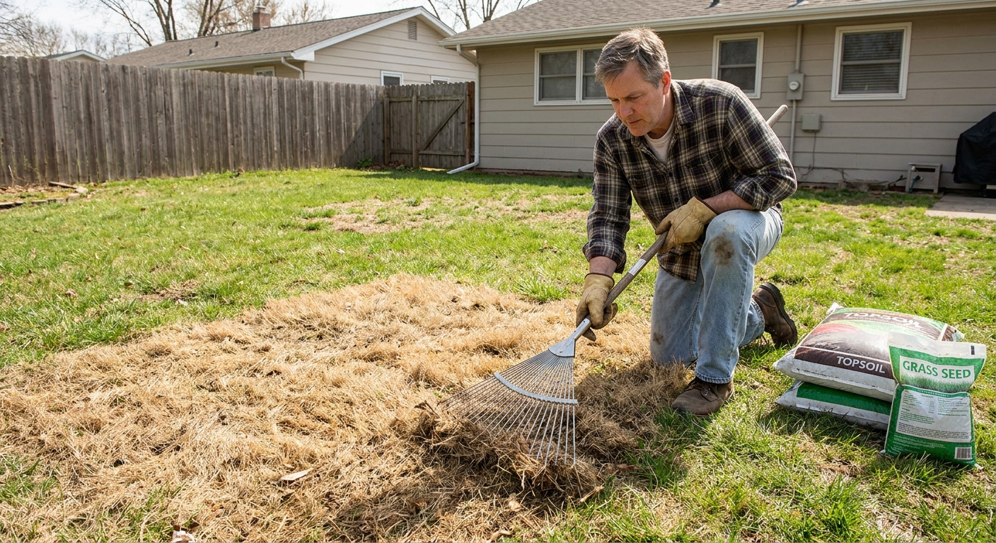 A real photo of a homeowner raking a straw-brown dead patch in a backyard lawn, preparing the area for repair in daylight