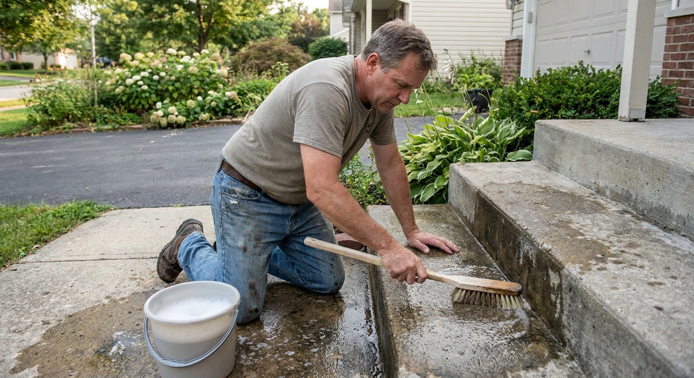 A real photo of a homeowner scrubbing an outdoor concrete stair tread with a stiff brush and a bucket of water nearby, driveway and landscaping in the background