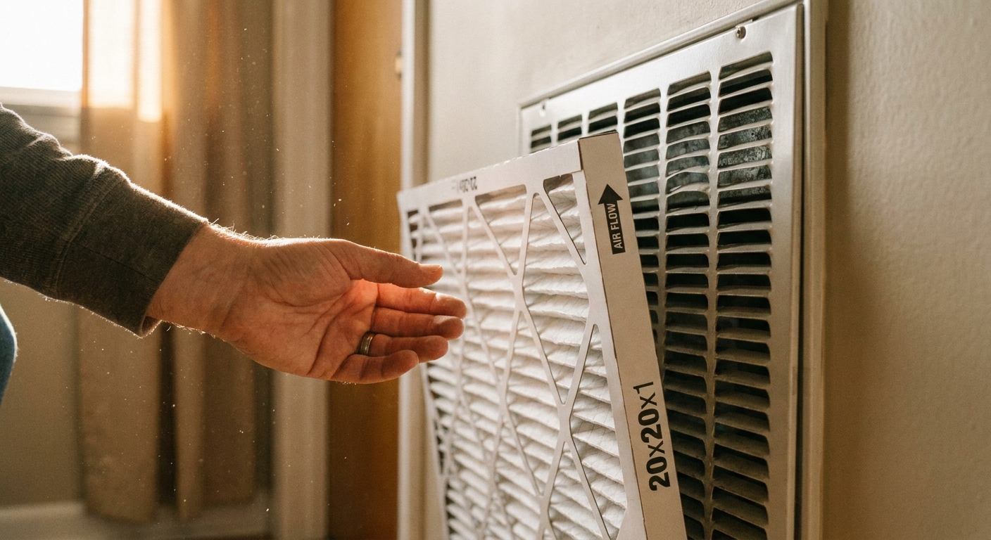 A real photo of a homeowner sliding a pleated HVAC air filter into a return grille in a hallway, close-up view