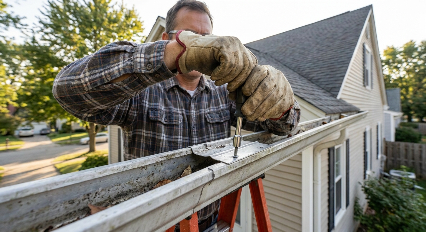 A real photo of a homeowner tightening screws on a gutter splice plate using a nut driver on an aluminum gutter seam