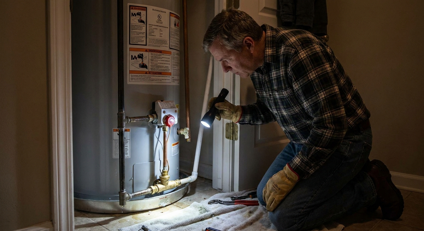 A real photo of a homeowner using a flashlight to inspect the area around a newly installed water heater element for small water leaks