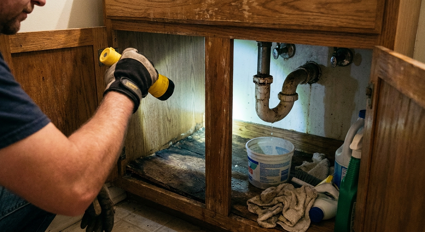 A real photo of a homeowner using a flashlight to inspect damp particleboard under a bathroom sink with a small drip from the P-trap