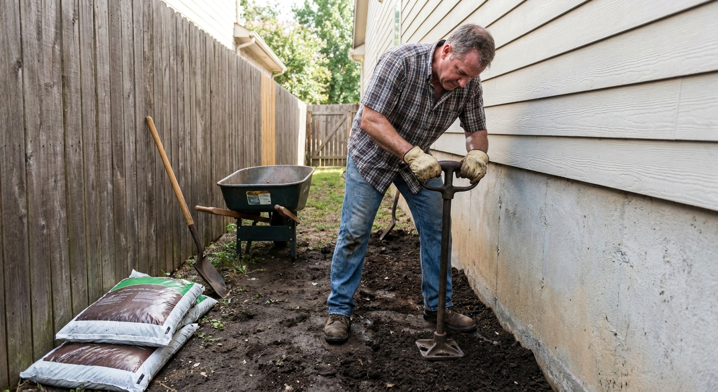 A real photo of a homeowner using a manual hand tamper to compact fresh soil along a house foundation in a narrow side yard