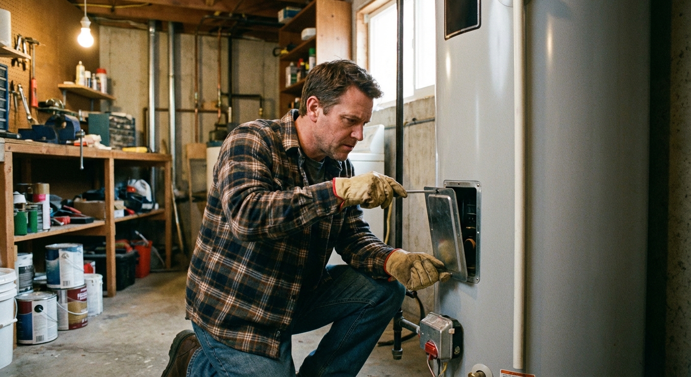 A real photo of a homeowner using a screwdriver to remove the small metal access panel on the side of an electric water heater, utility room setting