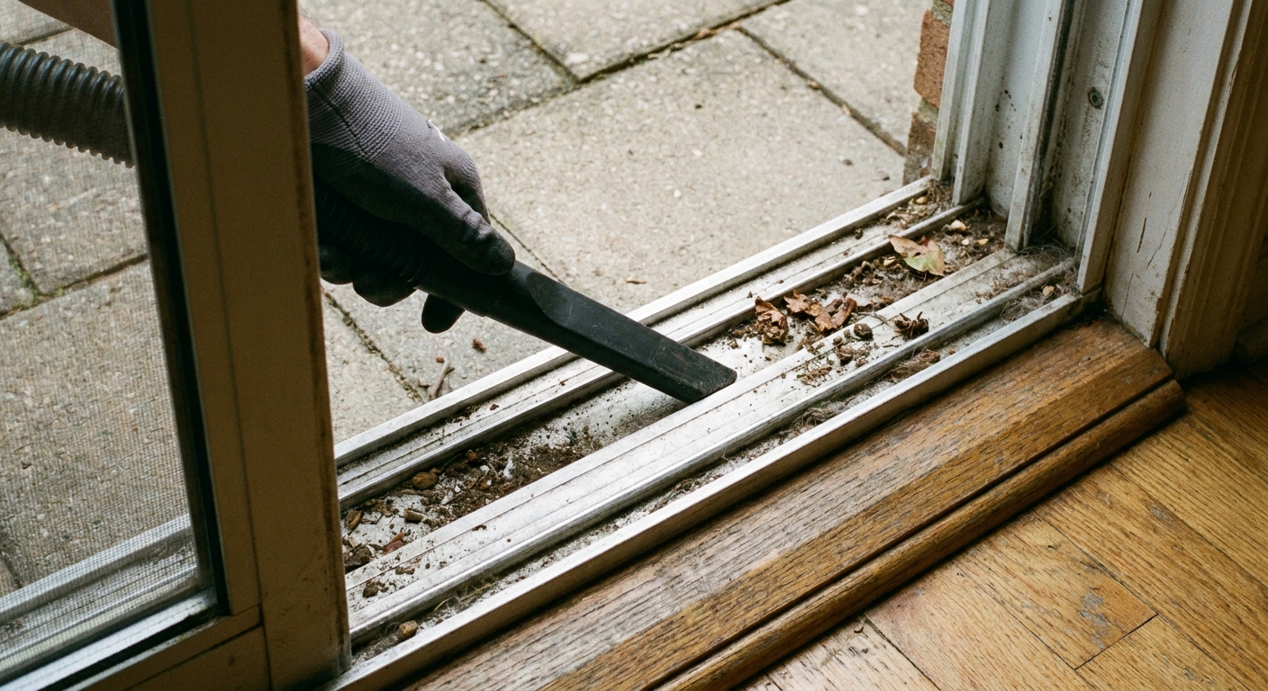 A real photo of a homeowner vacuuming debris from an aluminum sliding screen door track at a patio threshold, close-up of the track and nozzle